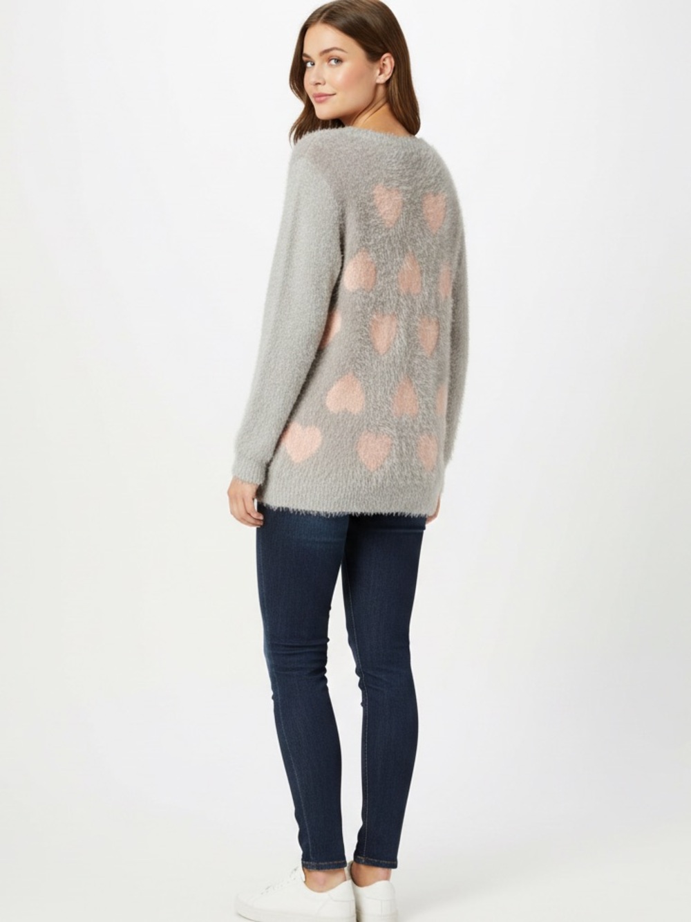 Rhapsody Womens Grey Pink Heart Fuzzy Crew Neck Sweater M